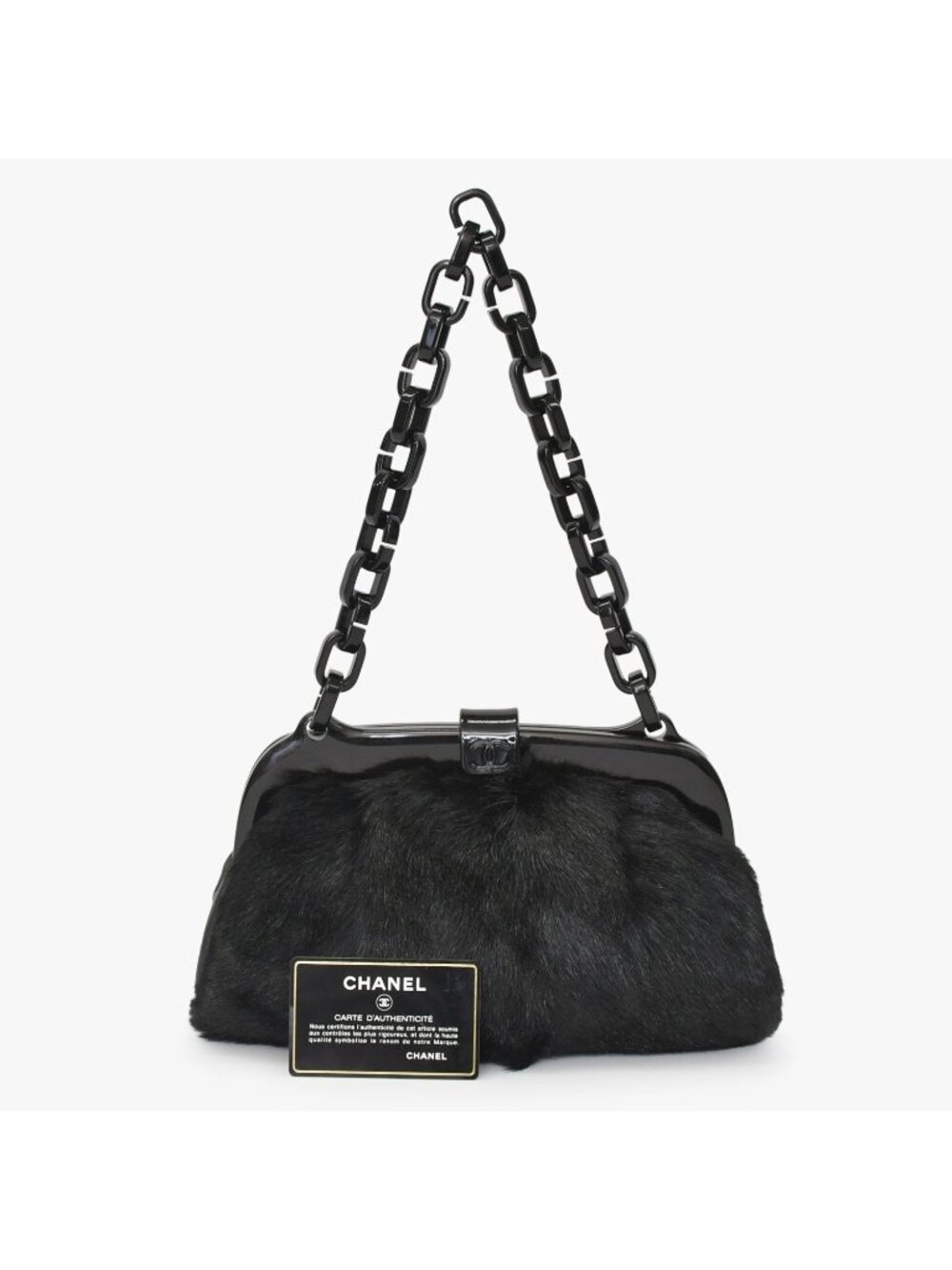 Chanel Plastic Chain Bag CC Logo Goat Fur Leather Black